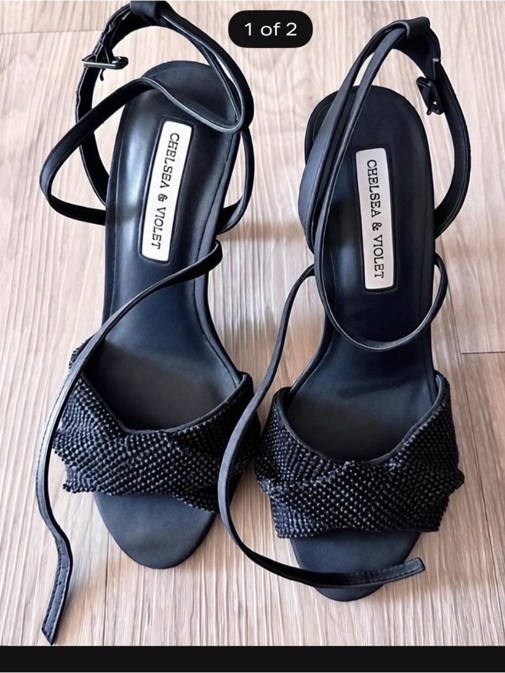 Chelsea & Violet Black Beaded Ankle-Tie Heels